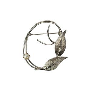 Vintage Silver Tone Faux Pearl Leaf Brooch Pin Unsigned